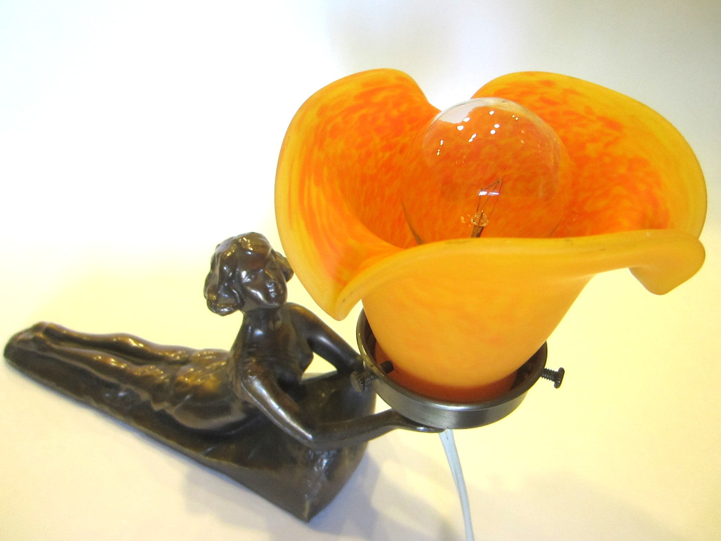 Mid Century Modern Bronze Figurative Reclining Woman Statue Table Light