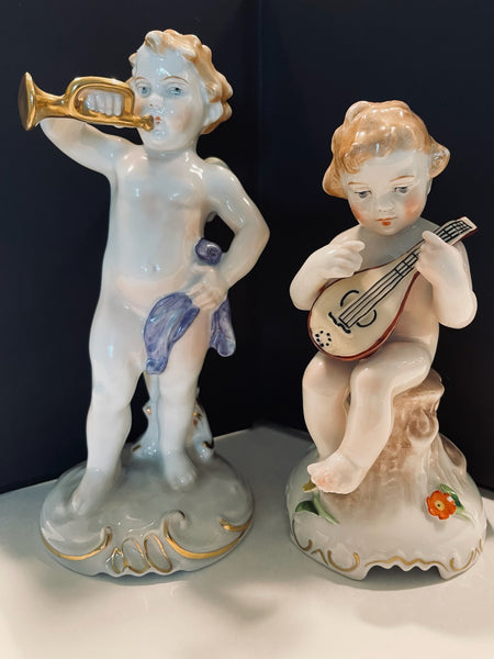 Heraldic Porcelain Angels Germany Von Schierholz Handmaleiei Mandolin Player Figures