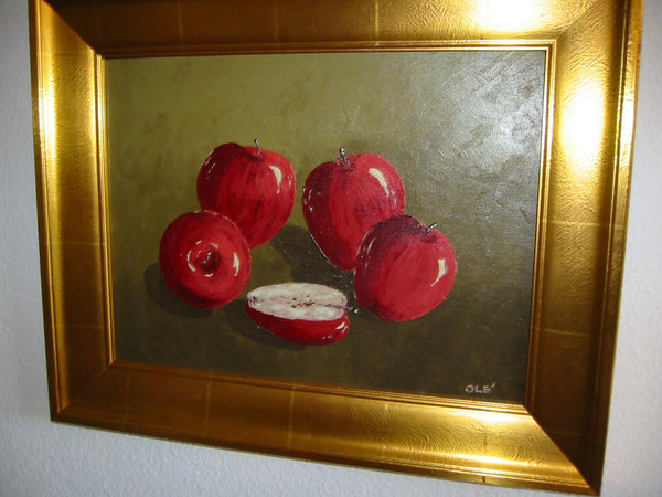 Still Life Red Apples Oil On Canvas Signed Ole Mid Century Modern Painting