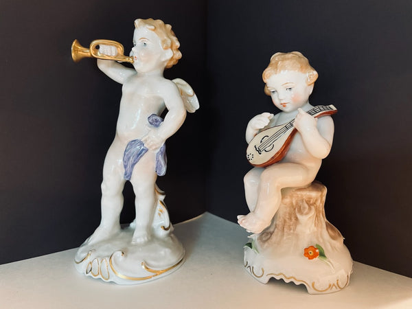 Heraldic Porcelain Angels Germany Von Schierholz Handmaleiei Mandolin Player Figures