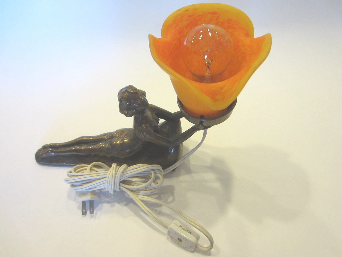 Mid Century Modern Bronze Figurative Reclining Woman Statue Table Light