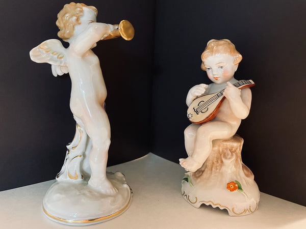 Heraldic Porcelain Angels Germany Von Schierholz Handmaleiei Mandolin Player Figures