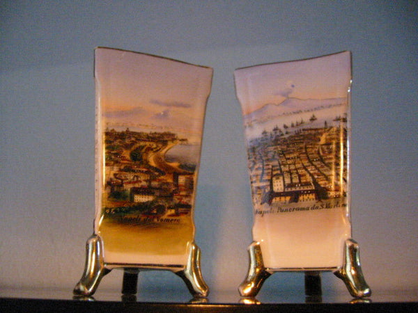 Panoramic Naples Italy Porcelain Vases Hand Painted Gilt Footed Scripted - Designer Unique Finds 
