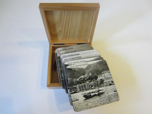 Old Hong Kong Coaster Set Black And White Various Illustrations Nautical Prints - Designer Unique Finds 