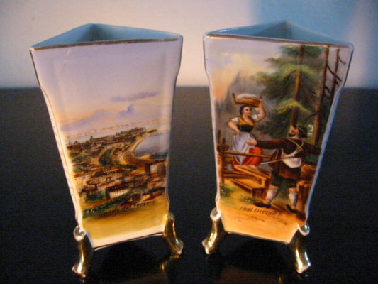 Panoramic Naples Italy Porcelain Vases Hand Painted Gilt Footed Scripted - Designer Unique Finds 