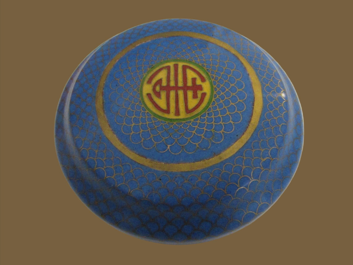 Blue Cloisonne Box Center Asian Monograms Gilt Decorated Medallions - Designer Unique Finds 