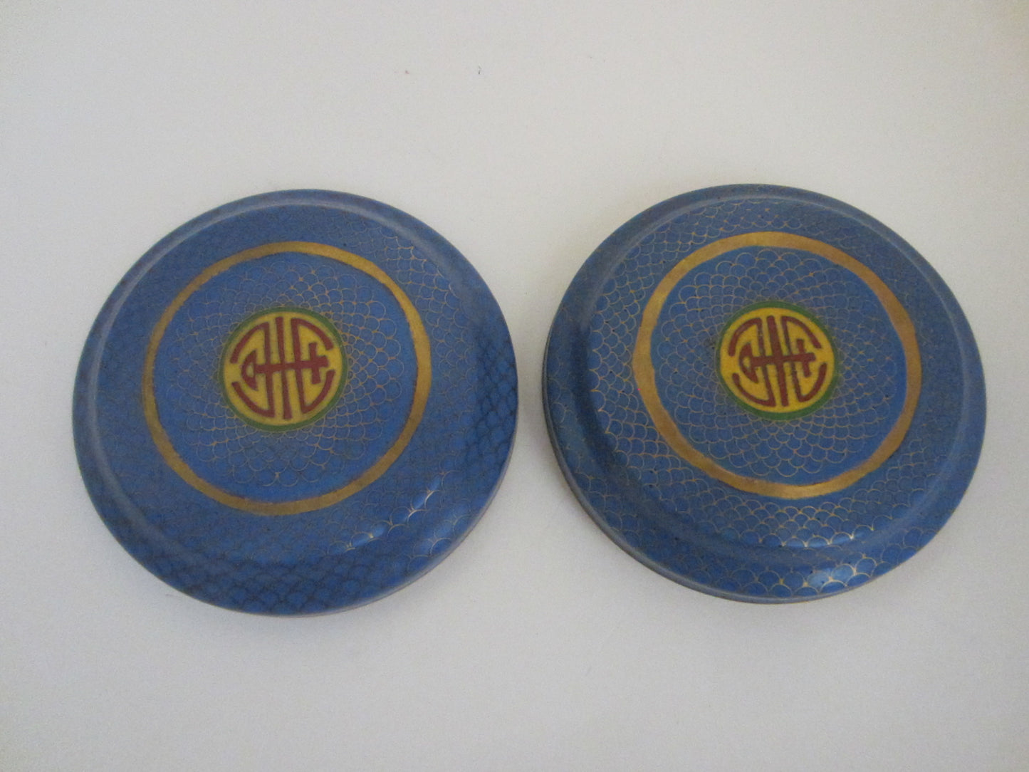 Blue Cloisonne Box Center Asian Monograms Gilt Decorated Medallions - Designer Unique Finds 