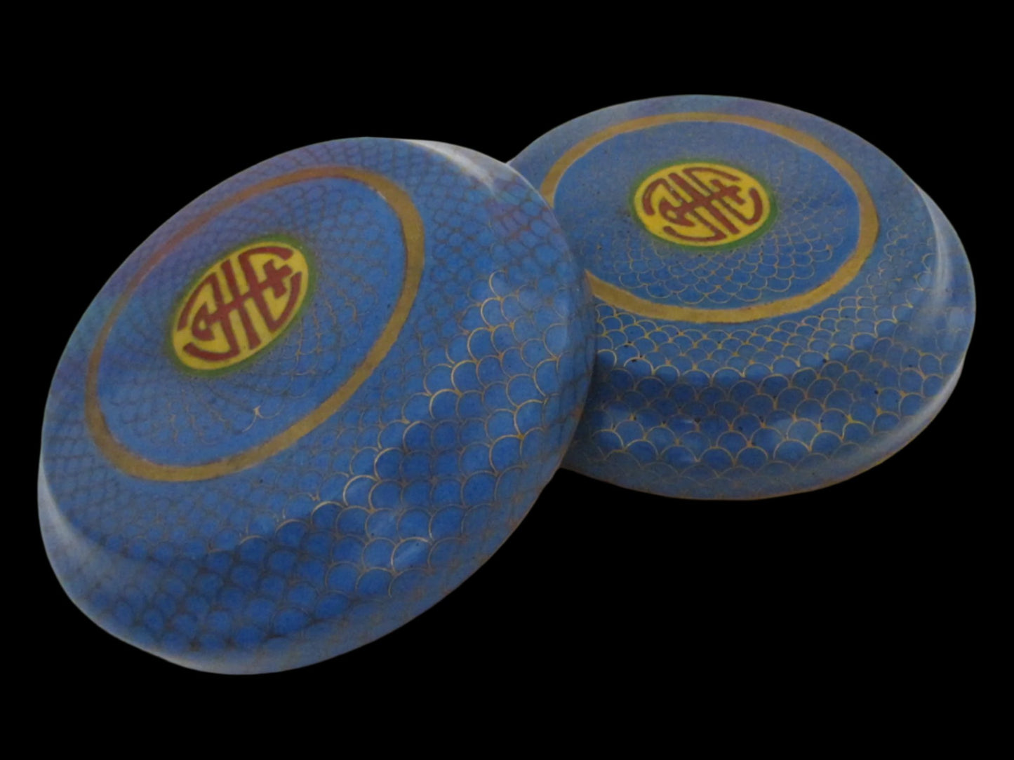 Blue Cloisonne Box Center Asian Monograms Gilt Decorated Medallions - Designer Unique Finds 