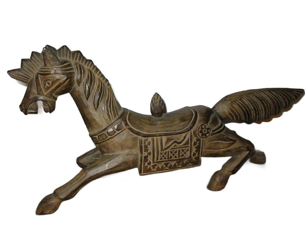 Folk Art Wild Running Horse Wood Carving Equestrian Sculpture - Designer Unique Finds 