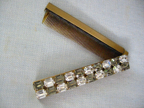 Mid Century Rhinestone Cabochons Brass Folding Hair Comb - Designer Unique Finds 