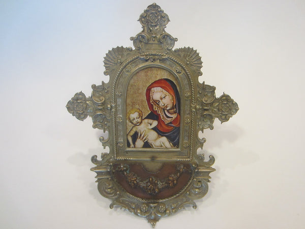 Folk Art Madonna Child Paper Portrait Bronze Ornate Frame