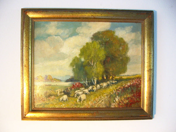 Continental Impressionist Landscape Oil On Canvas Titled Sheppard - Designer Unique Finds 