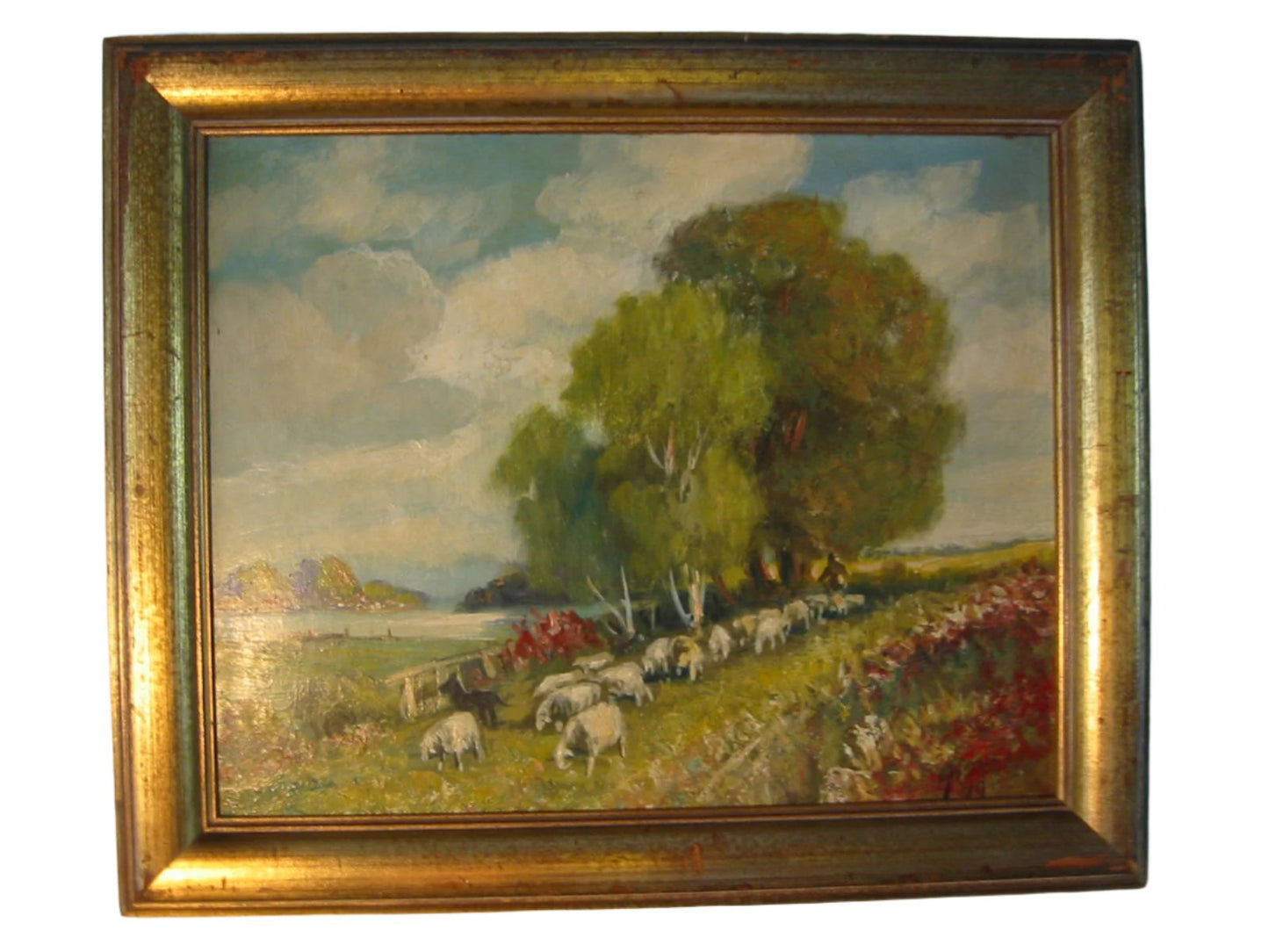 Shepherd Landscape Oil On Canvas Signed Titled Original Frame