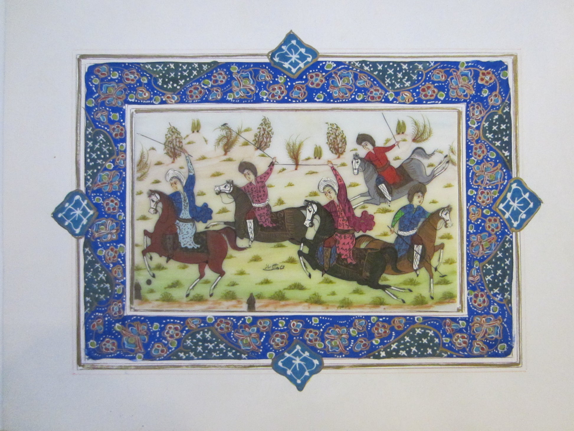 Miniature Signed Equestrian Painting In Khatam Frame Persian Art By Shahang Saz - Designer Unique Finds 