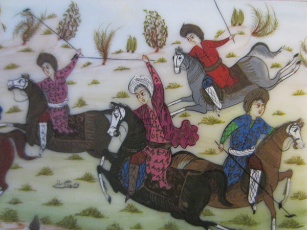Miniature Signed Equestrian Painting In Khatam Frame Persian Art By Shahang Saz - Designer Unique Finds 