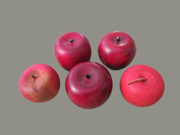 Five Hand Carved Stemmed Painted Red Apples