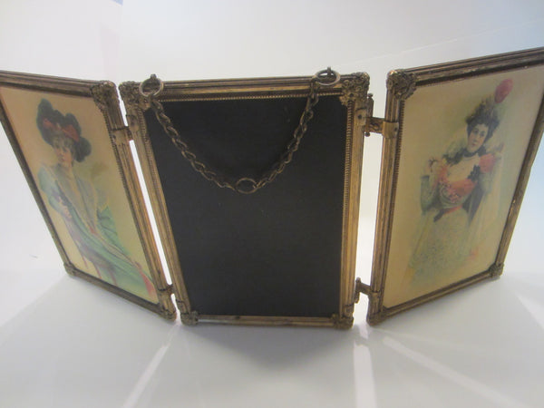 Art Deco Triptych Bronze Beveled Hanging Wall Table Mirror