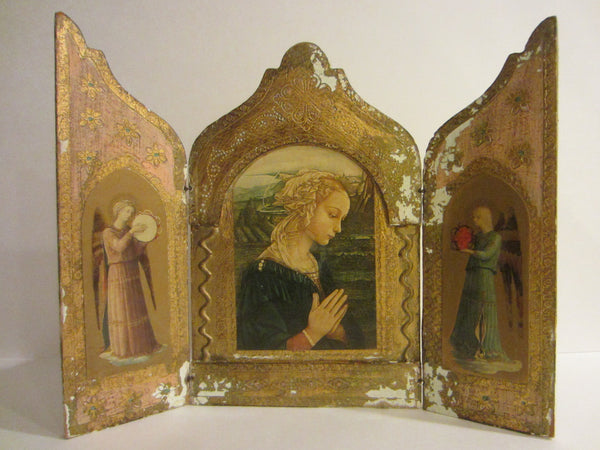 F Lippi Madonna Florence Italy Tole Triptych Gilt Decorated Marked