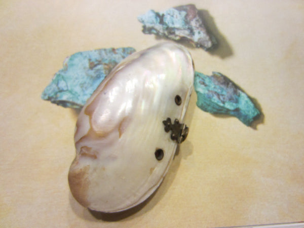Sea Shell Abalone Rosary Clutch Case Decorated Medallion Clasp Hinged - Designer Unique Finds 