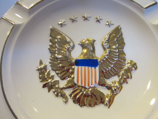 Eagle Crest Majolica Ashtray Porcelain Decorated Gold Patriot Stars Stripes