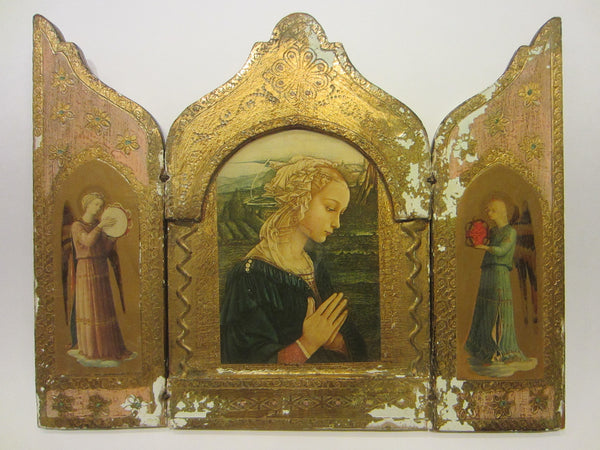 F Lippi Madonna Florence Italy Tole Triptych Gilt Decorated Marked