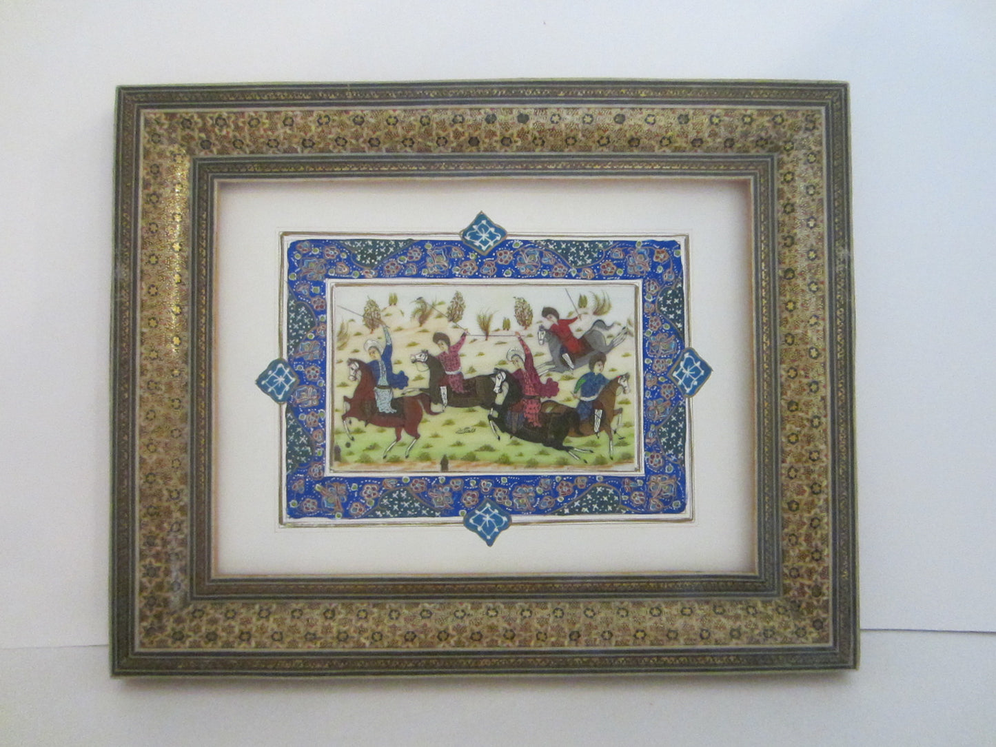 Miniature Signed Equestrian Painting In Khatam Frame Persian Art By Shahang Saz - Designer Unique Finds 