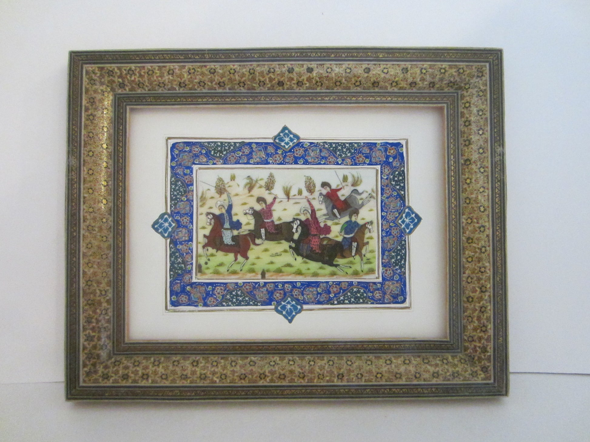 Miniature Signed Equestrian Painting In Khatam Frame Persian Art By Shahang Saz - Designer Unique Finds 