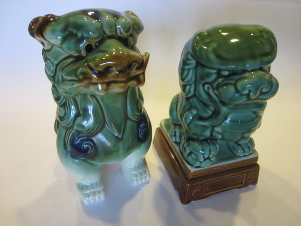 Asian Ceramic Foo Dogs Green Lion Pottery Sculptures