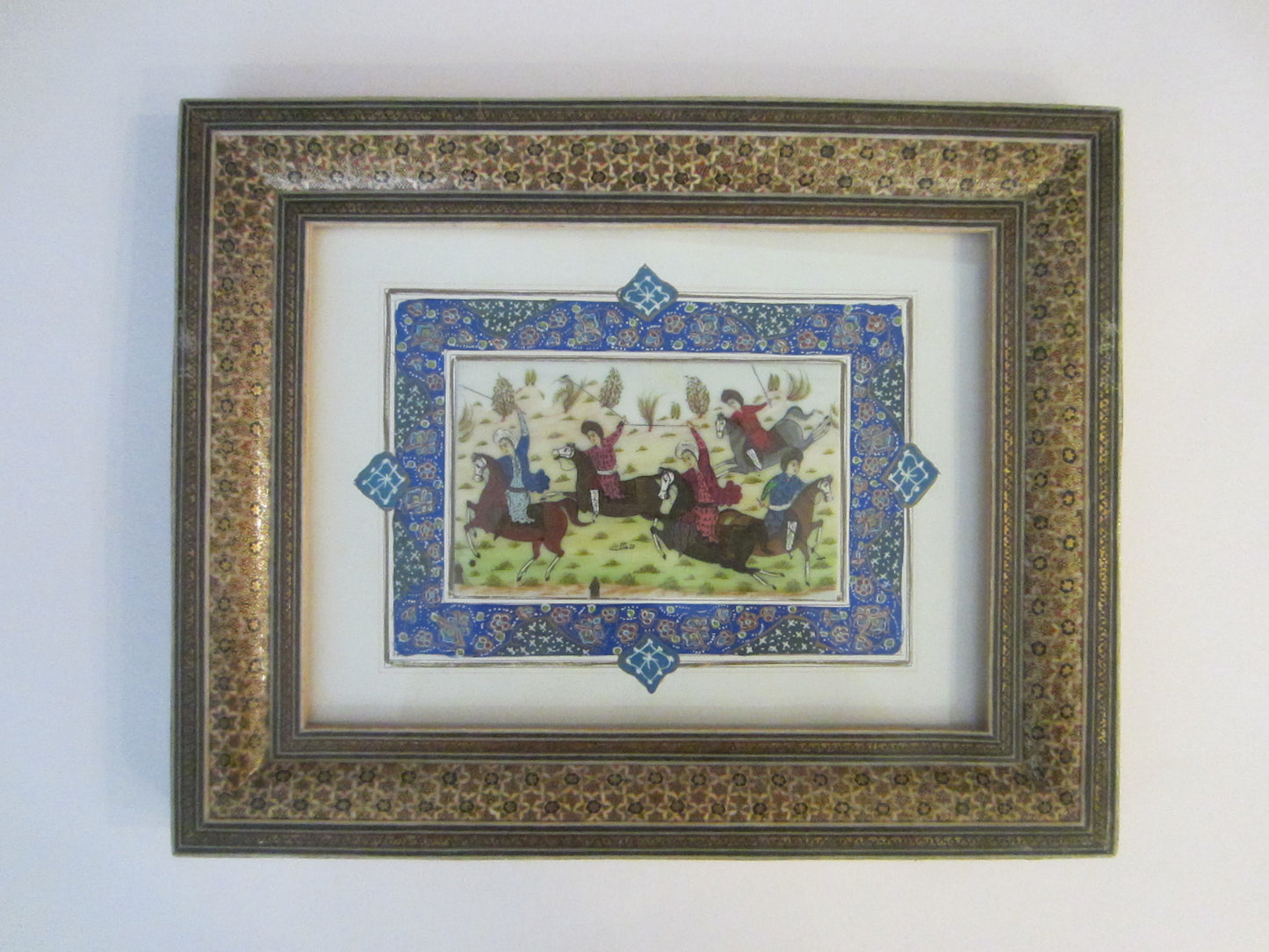 Miniature Signed Equestrian Painting In Khatam Frame Persian Art By Shahang Saz - Designer Unique Finds 