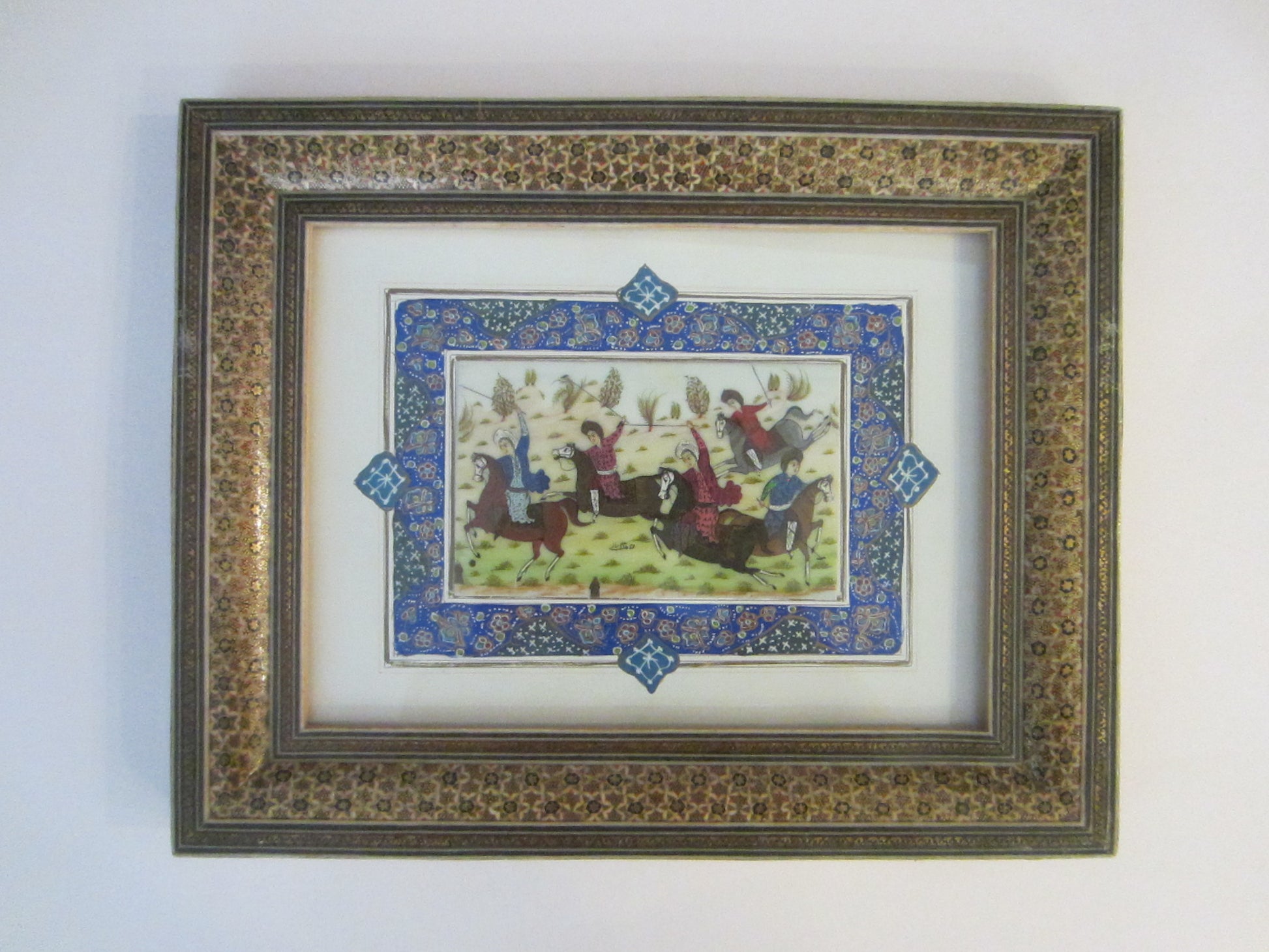 Miniature Signed Equestrian Painting In Khatam Frame Persian Art By Shahang Saz - Designer Unique Finds 