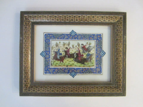 Miniature Signed Equestrian Painting In Khatam Frame Persian Art By Shahang Saz - Designer Unique Finds 