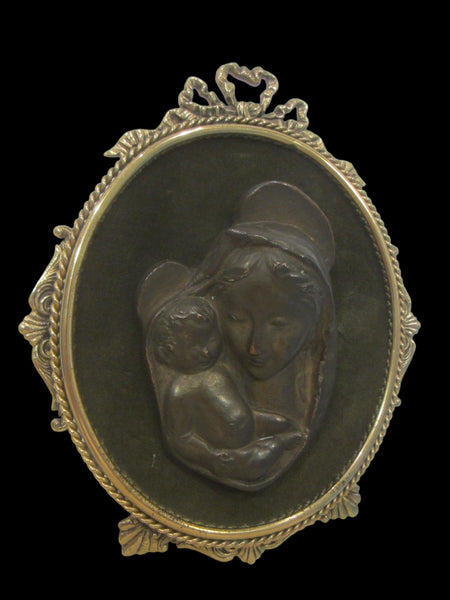 Bronze Icon Madonna Child Portrait Italian Green Velvet Mount