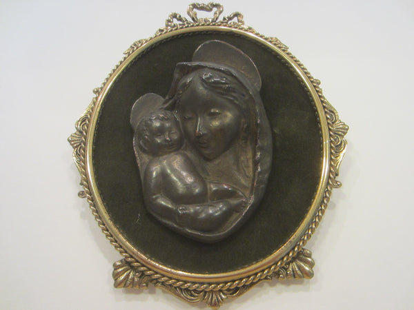 Bronze Icon Madonna Child Portrait Italian Green Velvet Mount