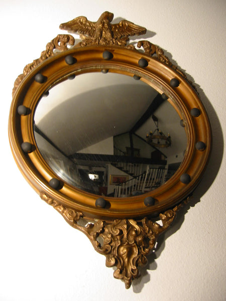 Regency Convex Eagle Crest Gilt Wood Mirror Applied Circular Black Balls - Designer Unique Finds 
 - 2