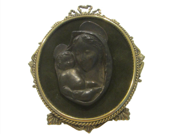A Bronze Icon Madonna Child Portrait On Velvet Ornate Brass Frame  