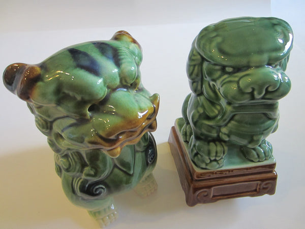 Asian Ceramic Foo Dogs Green Lion Pottery Sculptures