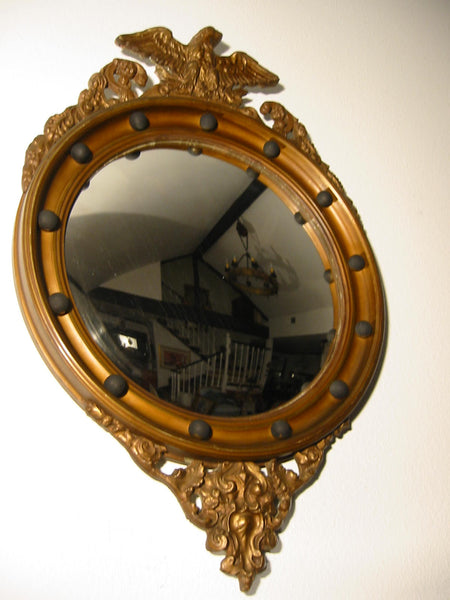 Regency Convex Eagle Crest Gilt Wood Mirror Applied Circular Black Balls - Designer Unique Finds 
 - 1