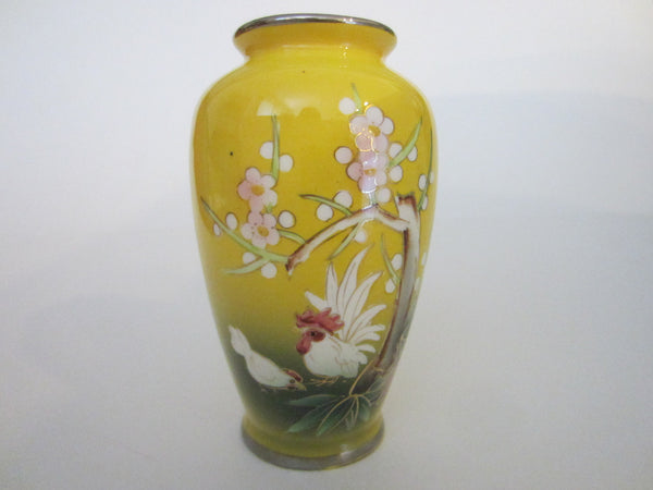 Yellow Porcelain Painted Rooster Flower Vase  W Japanese Cherry Blossoms - Designer Unique Finds 
