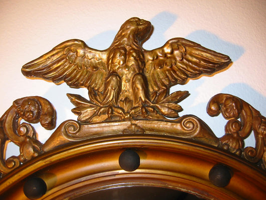 Regency Convex Eagle Crest Gilt Wood Mirror Applied Circular Black Balls - Designer Unique Finds 
 - 3
