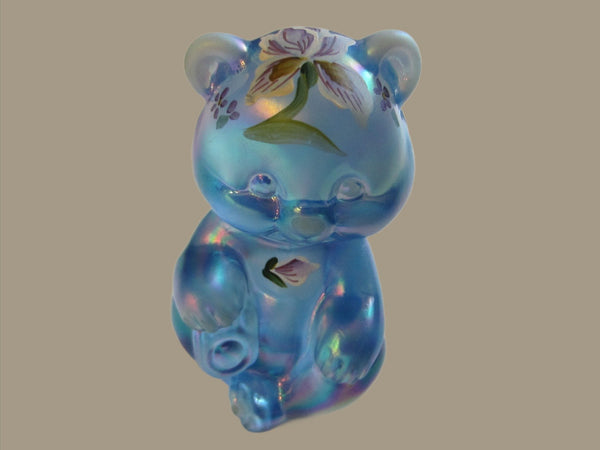 W Watson Fenton Blue Glass Iridized Floral Teddy Bear Hand Painted Signed