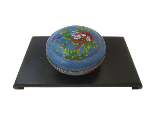 Asian Blue Cloisonne Covered Box Floral Enameling - Designer Unique Finds 