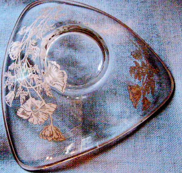 Silver Overlay Triangle Floral Glass Serving Dish