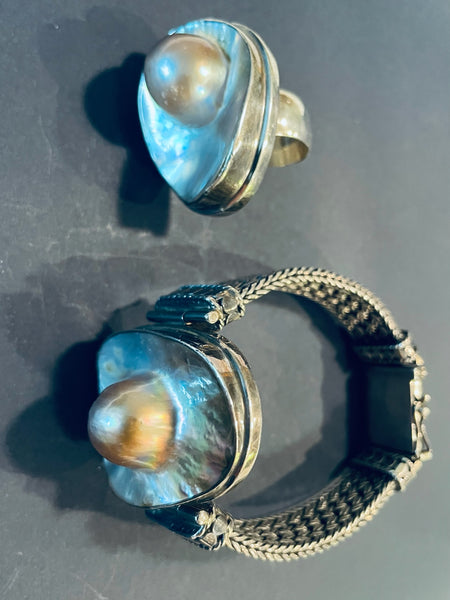 Mother of Pearl Silver Filigree Bracelet Cocktail Ring Set