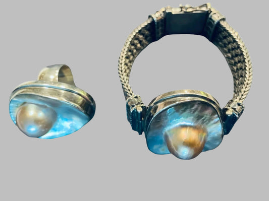 Mother of Pearl Silver Filigree Bracelet Cocktail Ring Sterling Set