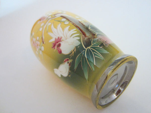 Yellow Porcelain Painted Rooster Flower Vase  W Japanese Cherry Blossoms - Designer Unique Finds 