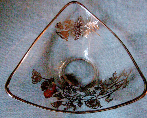 Silver Overlay Triangle Floral Glass Serving Dish