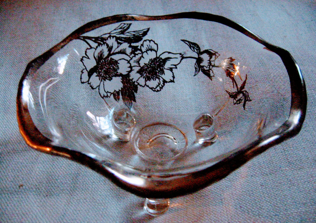Silver Overlay Floral Glass Pedestal Bowl 