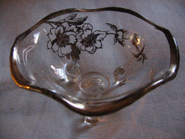 Silver Overlay Pedestal Glass Serving Bowl Floral Decoration - Designer Unique Finds 