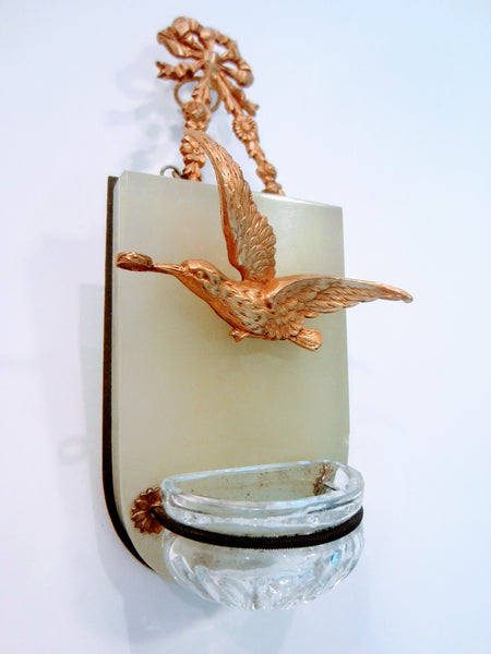 Folk Art Gilt Bronze Bird Marble Stone Holly Water Glass Font