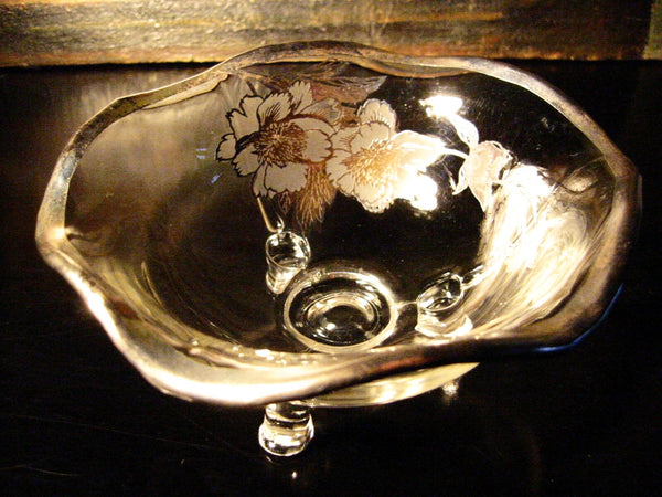 Silver Overlay Pedestal Glass Serving Bowl Floral Decoration - Designer Unique Finds 